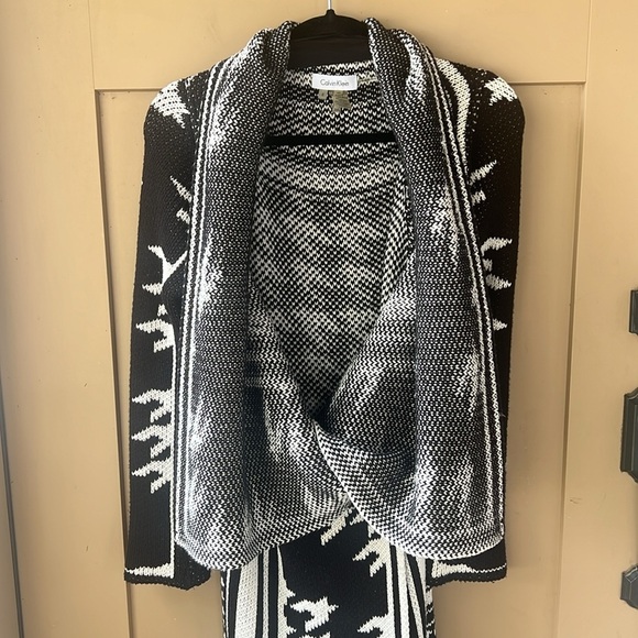 Calvin Klein Houndstooth Black White Oversized Open Front Cardigan Duster Coat S - Picture 6 of 10